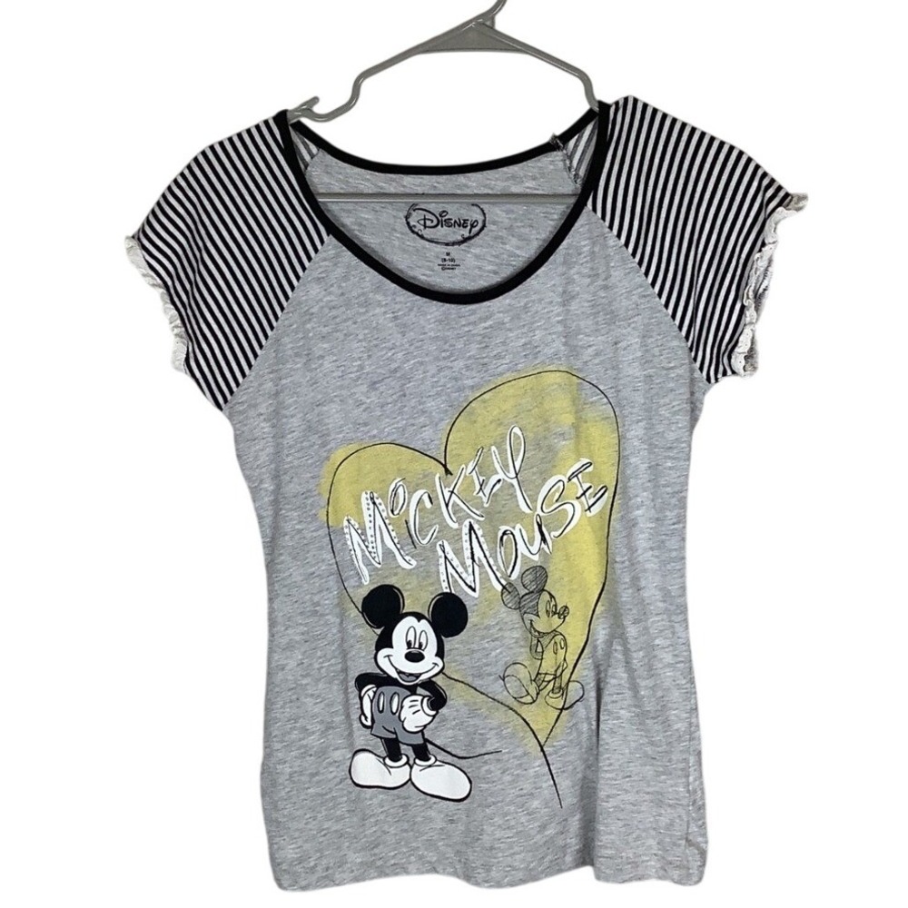 Disney Mickey Mouse Gray Graphic Raglan T-Shirt Striped Sleeves Size M 8-10